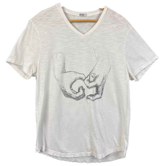 Buck Mason Women's V-Neck Tee Shirt Hand Symbol Pencil Graphic Size L Relaxed - Picture 1 of 7